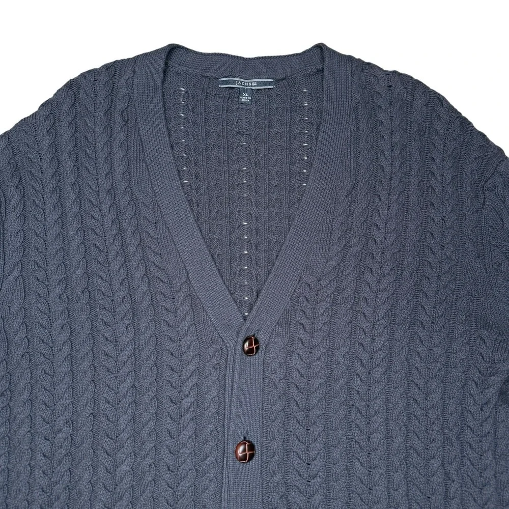 Vintage Cable Knit Fisherman Cardigan XL Jachs NY Linen Navy Blue Long V‎ Neck